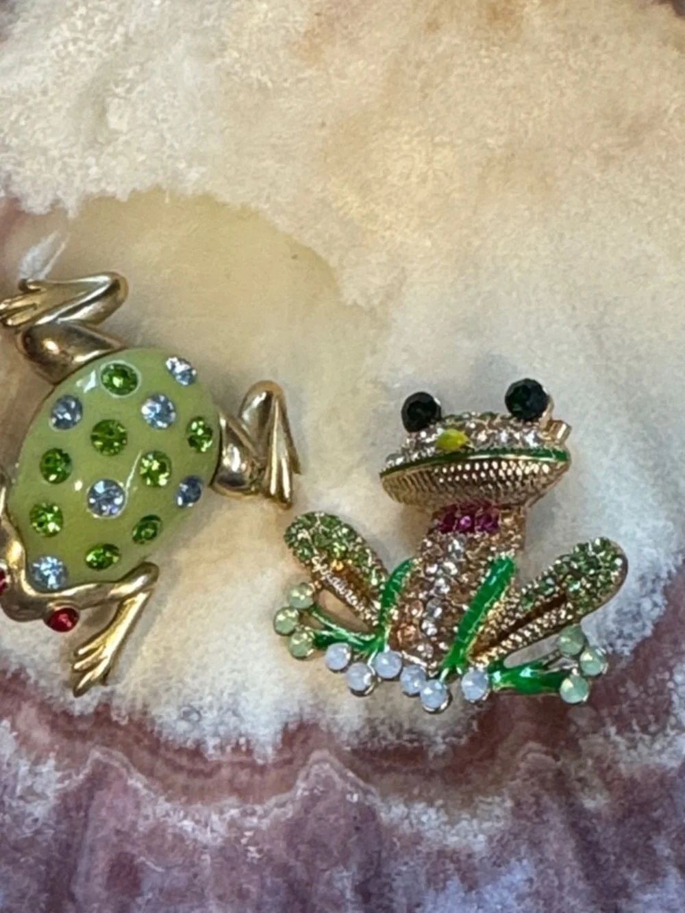 Green Crystal Frog Brooches - Set of 2